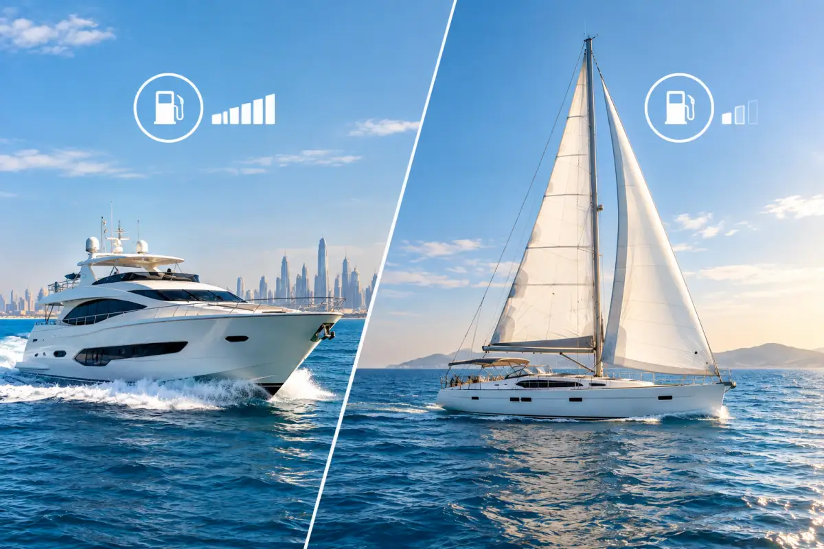 Motor yacht and sailing yacht comparing fuel use and sailing propulsion