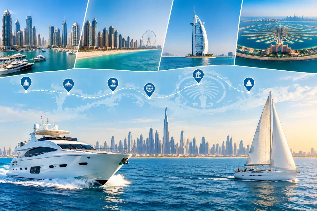 Motor yacht and sailing yacht cruising past Dubai Marina, Palm Jumeirah and Burj Al Arab