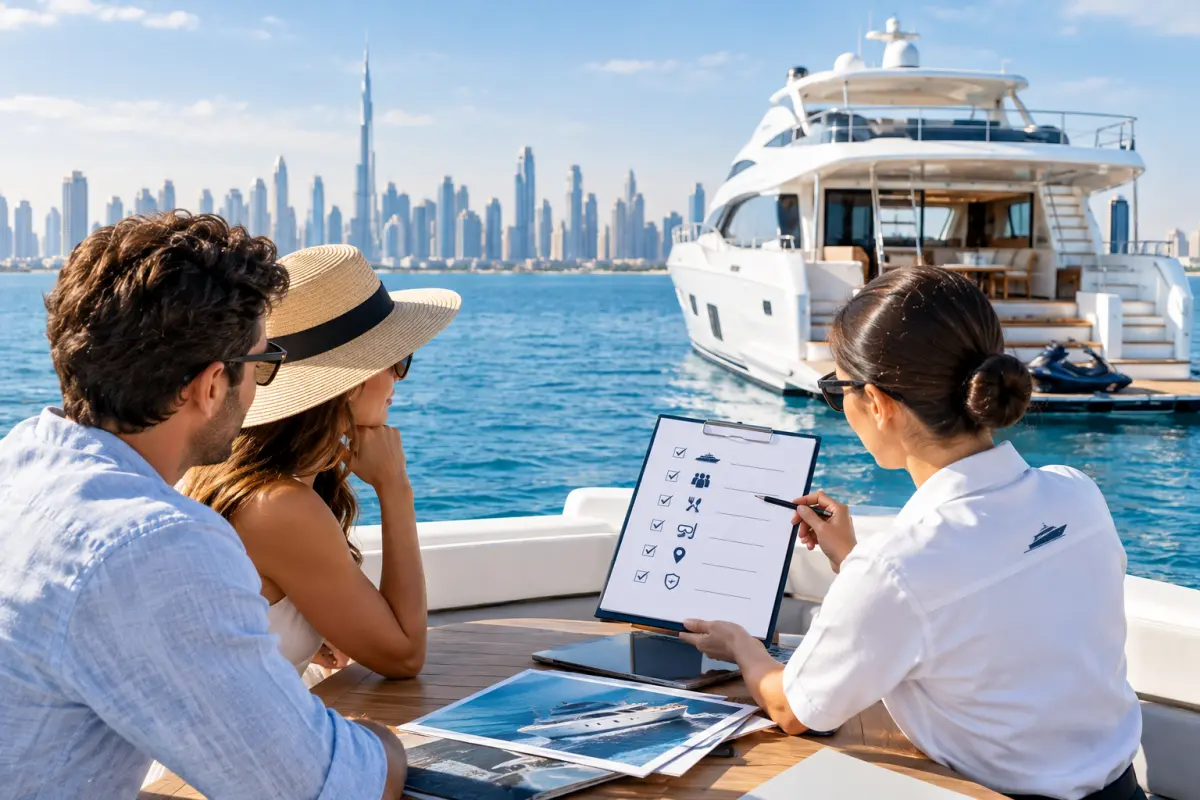 Dubai yacht charter booking checklist with a luxury yacht and Dubai skyline