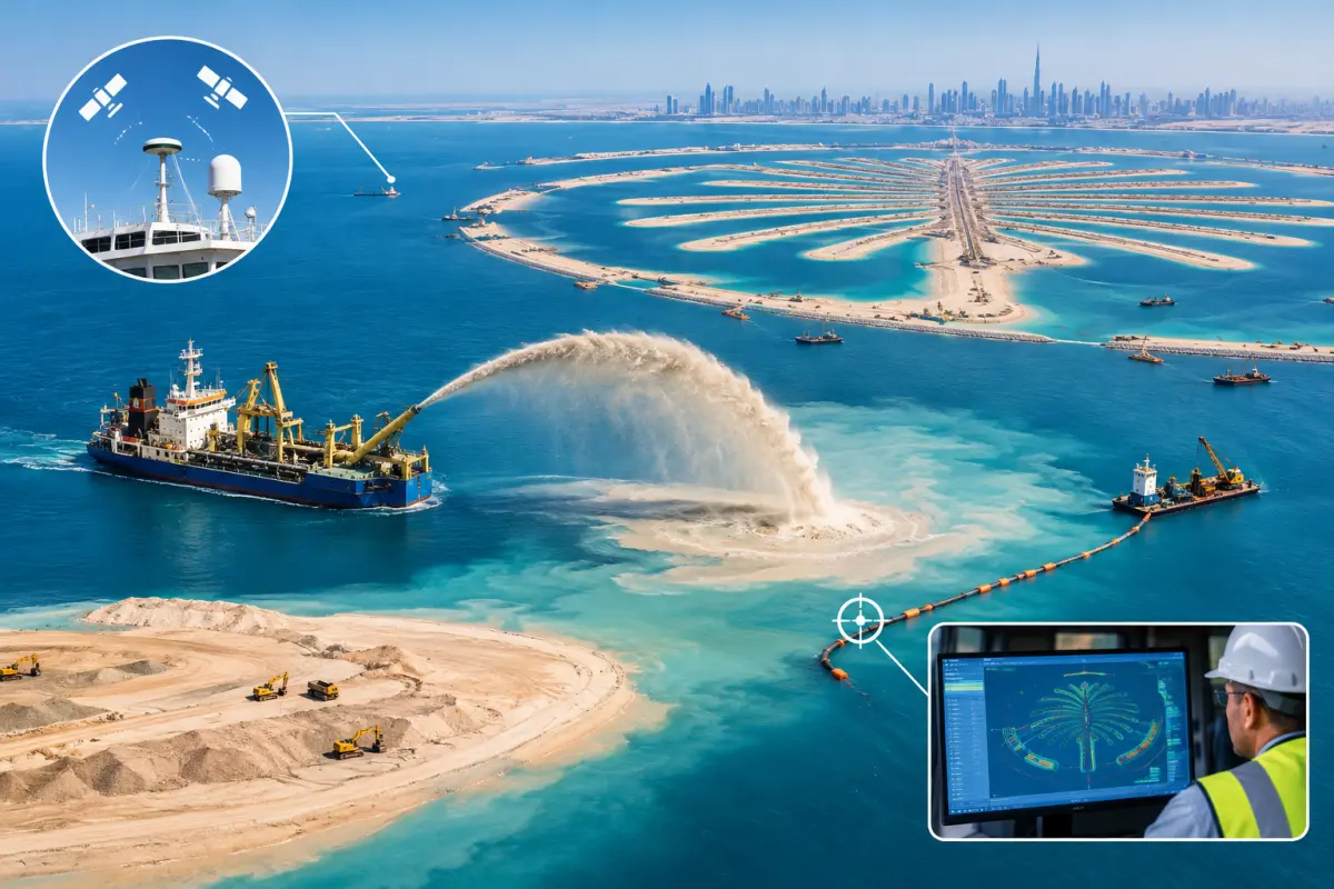 Dredger Using Rainbowing and GPS Surveying During Palm Jumeirah Construction