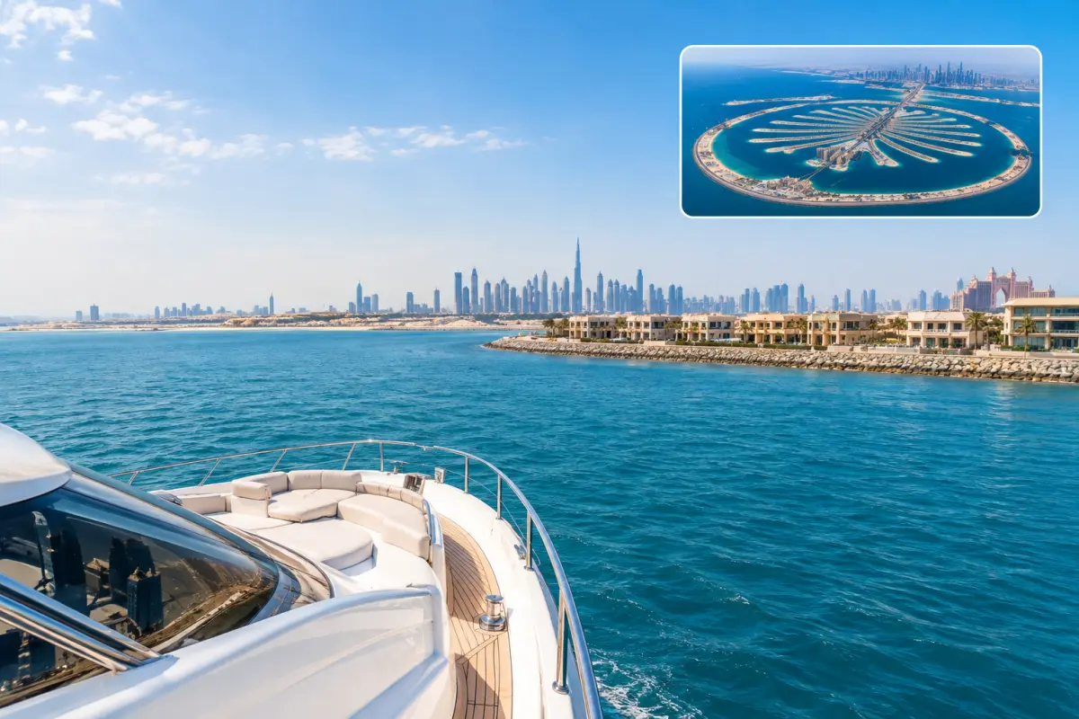Palm Jumeirah Coastline Viewed From a Yacht in Dubai