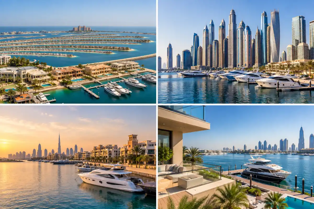 Dubai waterfront communities with luxury homes and yacht marinas